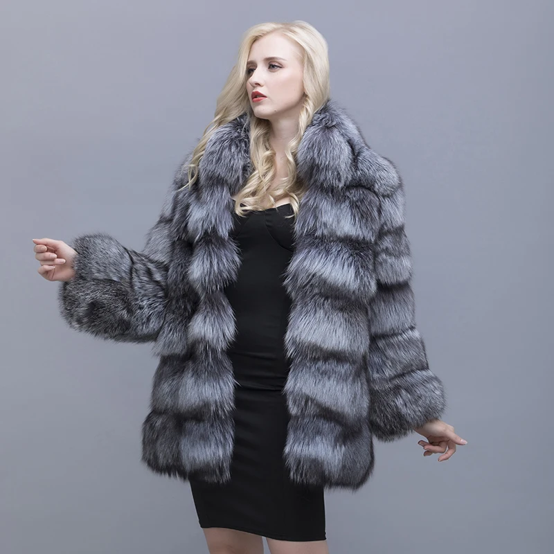 QIUSIDUN Real Fox Fur Mandarin Collar Long Coat Winter Warm Fashion Large Size Woman's Fur Coat Pocket Female Fox Fur Clothing