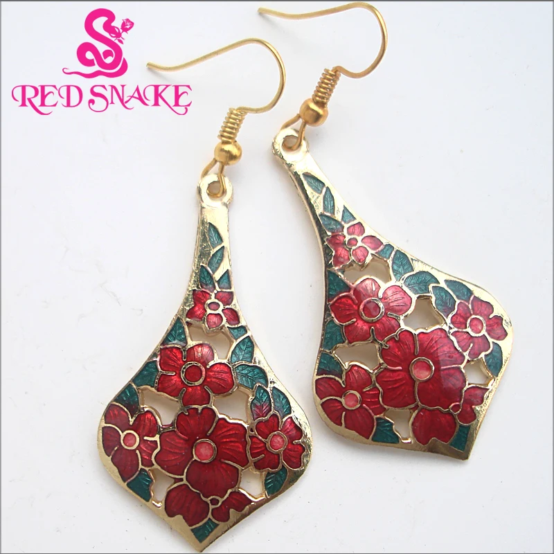 

RED SNAKE Fashion Jewelry Cloisonne Enamel Drop Earrings Charm Amazing hand-painted Beautifully Leaf Shaped Flowers