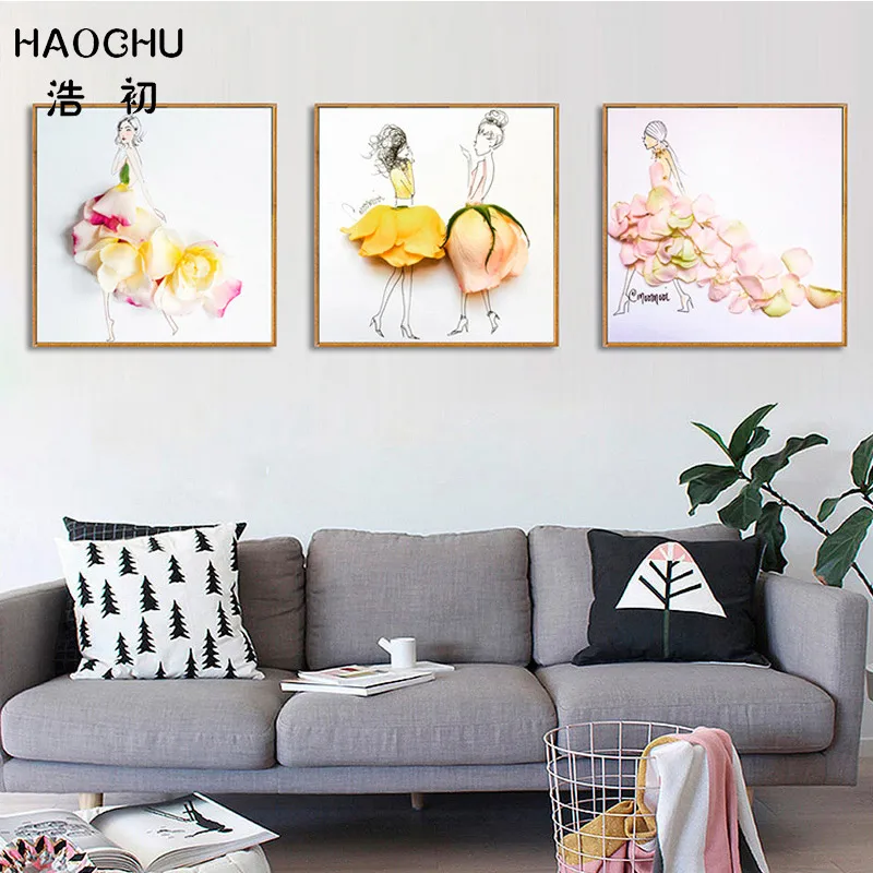 HAOCHU Nordic трехмерный цветочный эффект девушка холст детская комната настенные