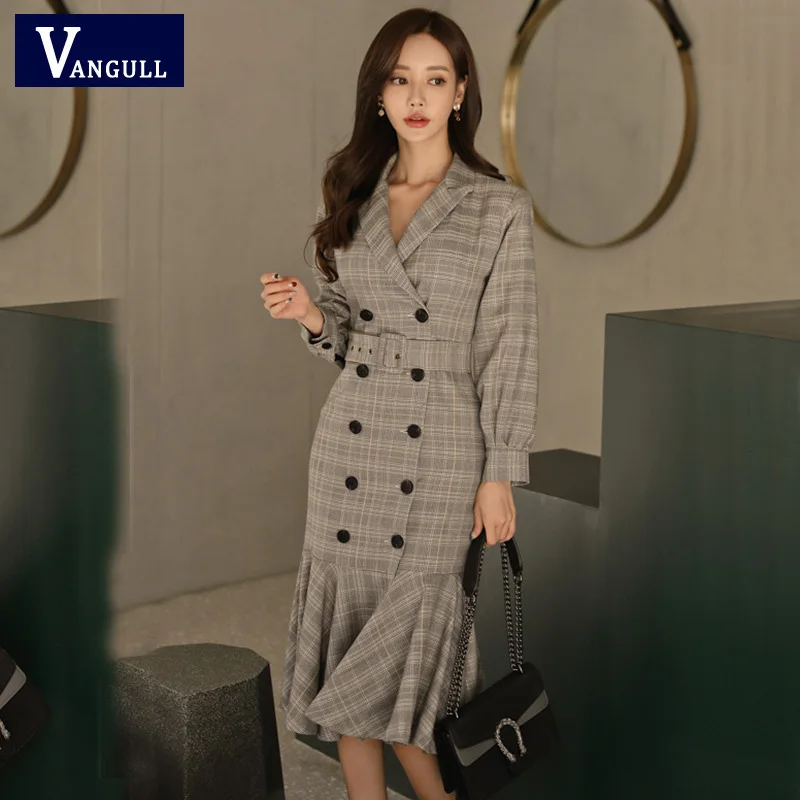 Vangull/весенне осеннее офисное женское длинное клетчатое платье с оборками v