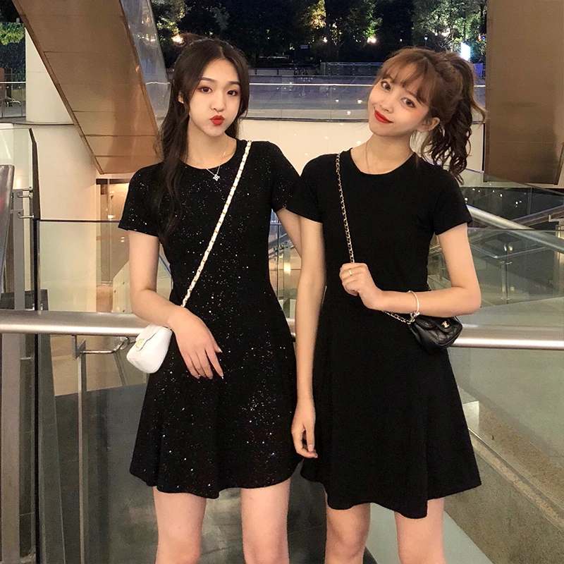 2019 новое летнее корейское винтажное женское блестящее черное платье с коротким