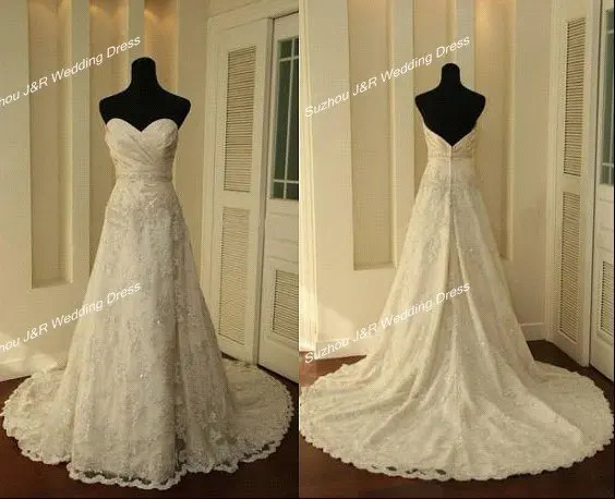Actual A Line Sweetheart Strapless Zipper Backless Lace Wedding Dresses With Chapel Train Free Shipping|dress attire for weddings|wedding dresses