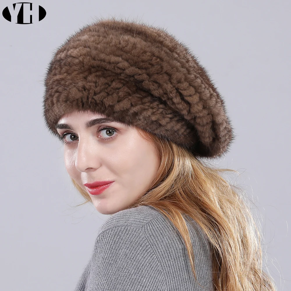 2019 new arrive women real mink fur Berets 100% handmade knit hat brand winter casual caps hot sale | Аксессуары для одежды