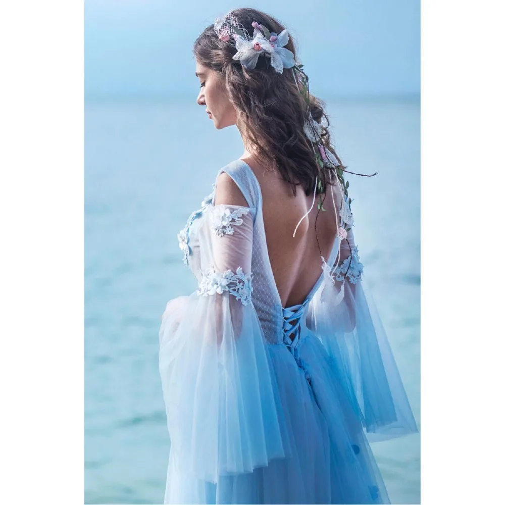 Высокое качество 2019 красивое синее свадебное платье с аппликацией Vestido de Noiva es