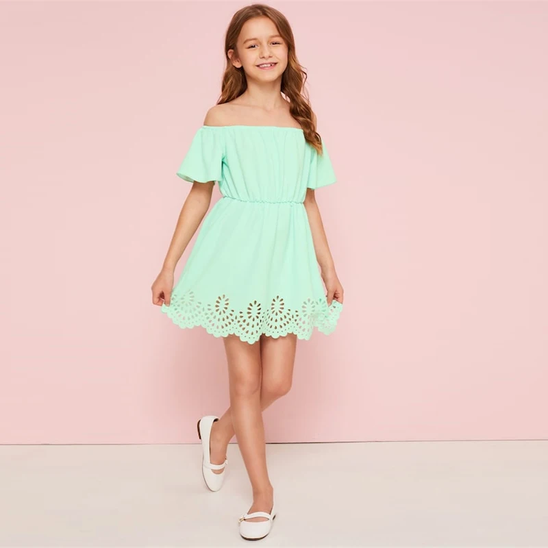 SHEIN/однотонное платье в стиле бохо с открытыми плечами и вырезами, детская одежда, коллекция года, летние платья трапециевидной формы с короткими рукавами и фигурным узором для девочек