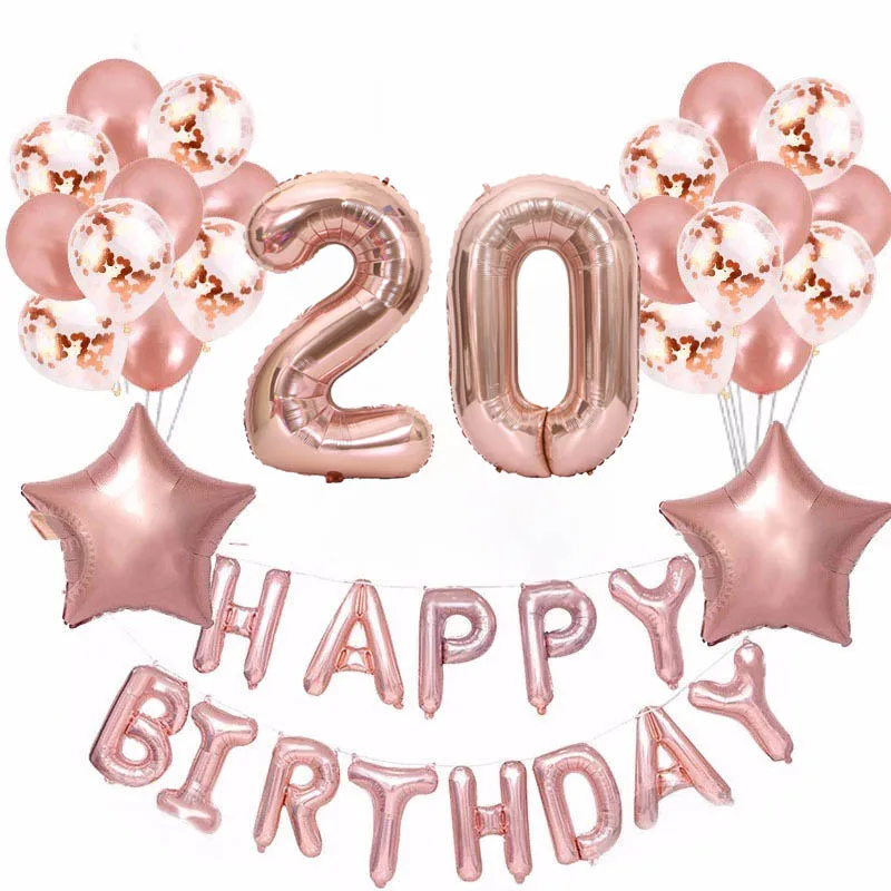 37pcs/lot 18 21 30 50 60th Happy Birthday Balls Rose Gold Star Confetti 40inch Number Foil Balloon Party Decor Supplies | Дом и сад