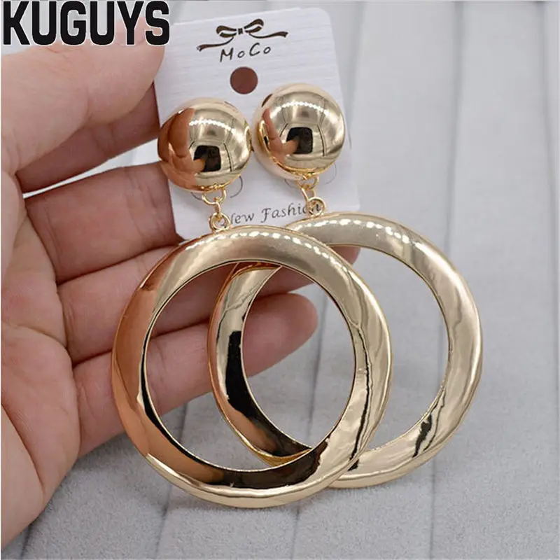 KUGUYS Мода Meatl Золотые круглые серьги для женщин модные ювелирные изделия Гипербола золото большие висячие серьги подарок вечерние аксессуары