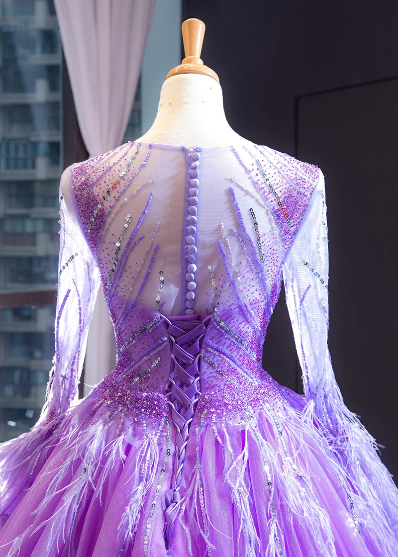 J66911 jancember purple long evening gown 2019 o-neck long sleeves botton back ball gown lace prom dress evening платье вечернее