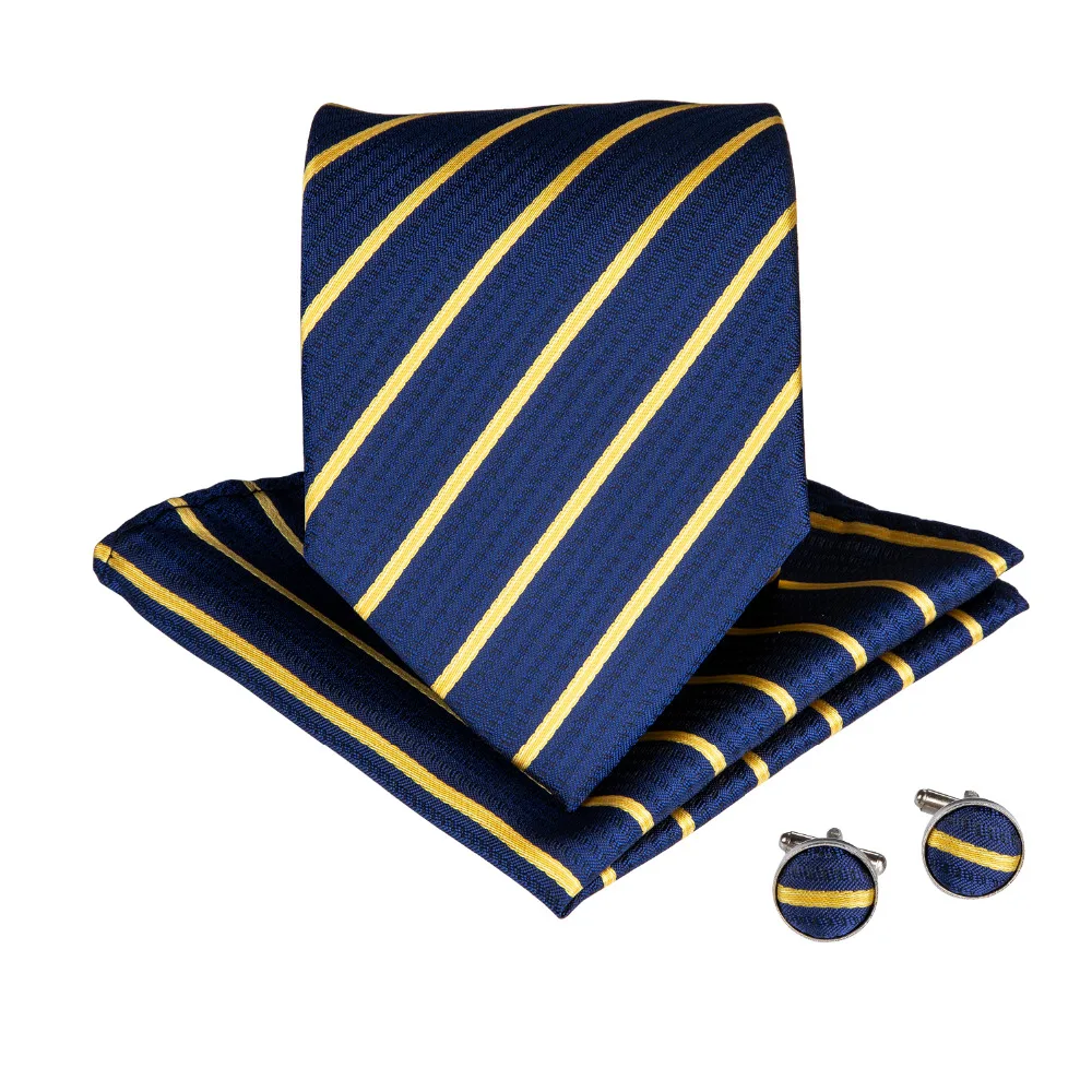 

DiBanGu Blue Yellow Striped Men's Big Size Ties With Handkerchief Cufflinks 160CM Silk Neck Ties Set For Men's Wedding MJ-7529