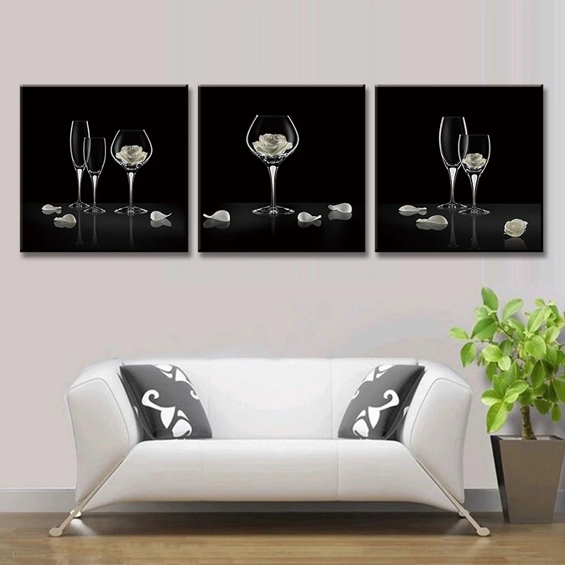 3 Pieces Still Life Transparent glasses Canvas Painting Simple Black Flower in Goblets Printed with Framed Bar Decor | Дом и сад
