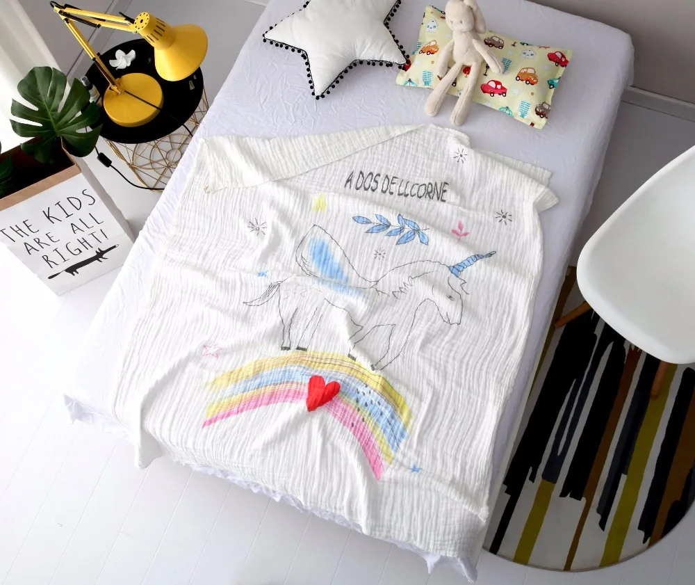 Lange bebe coton bio baby wrap s 120*150 см, Радужное детское одеяло с единорогом, одеяло для новорожденных, муслиновое Пеленальное Одеяло, Марлевое детское одеяло для кровати