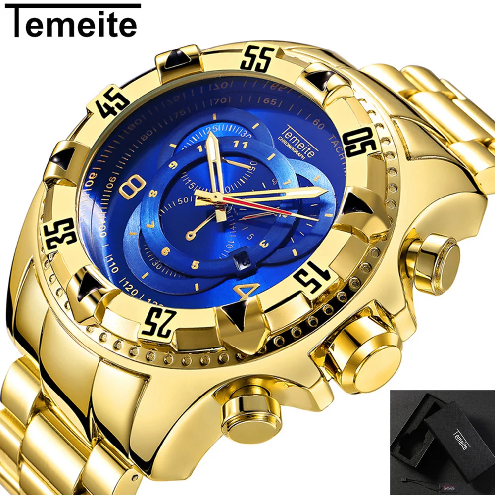 Temeite Men's Watches Fashion Sports Watches Luxury Big Dial Quartz Watch Clock Alloy Band Calendar Luminous Wristwatches