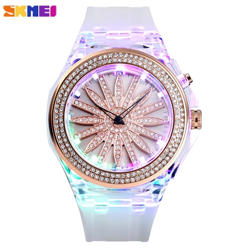 White-Rose gold SKMEI креативные красочные кварцевые женские часы с цветочным циферблатом водонепроницаемый светодиодный задний часы с подсветкой женские наручные часы Relogio Feminino - Цвет: White-Rose gold