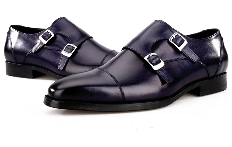Модные черные/синие мужские деловые туфли на двойном ремешке офисная обувь из