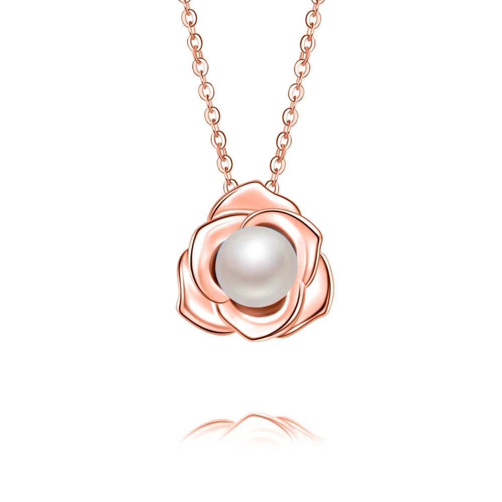Rose Gold Necklace Японский жемчуг акоя жемчуг женский ювелирный набор Твердое 14 к белое золото 7 мм натуральный жемчуг морской воды ожерелье кулон серьги для девушки подарки - Цвет камня: Rose Gold Necklace