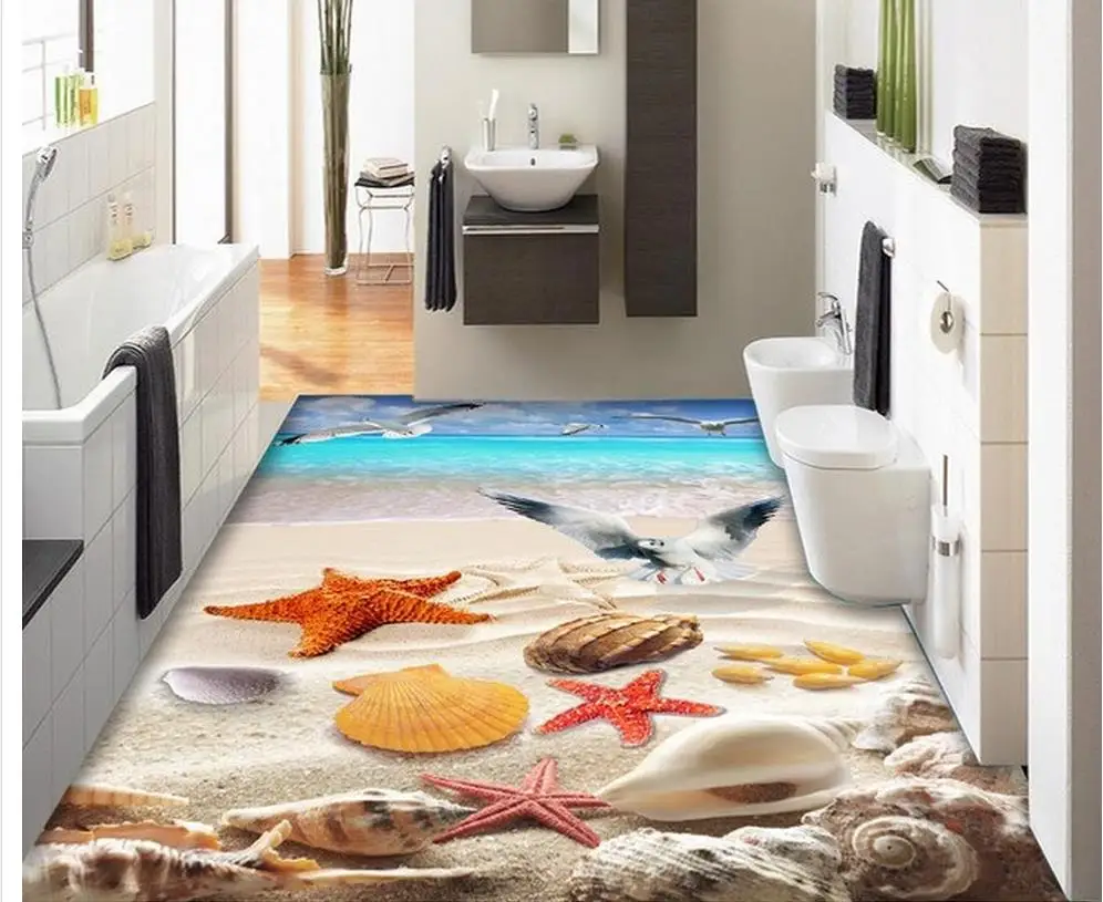 Водонепроницаемые 3D обои из ПВХ рисунок в виде чайки ракушки пола пляжа пола|floor 3d