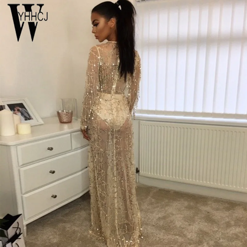 WYHHCJ, vestidos, Сетчатое платье с блестками, женское платье с глубоким v-образным вырезом, весна/осень, платье с длинным рукавом, Элегантное длинное женское платье для вечеринок