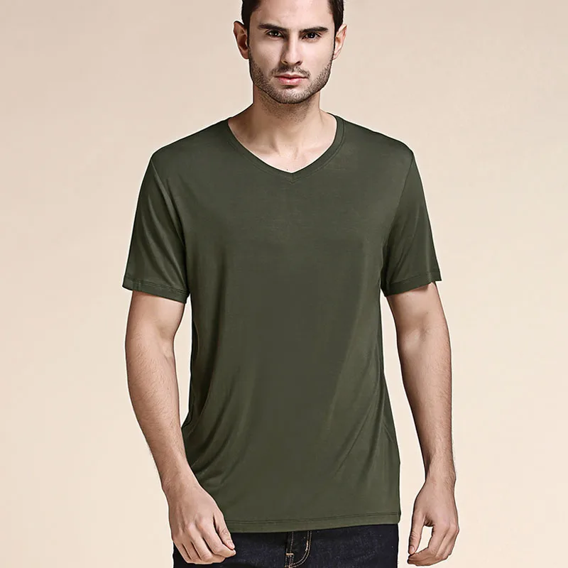 

Bamboo fibre men short-sleeve T-shirt 2021 summer comfortable plus size t shirt for male V-neck loose black white gray T16