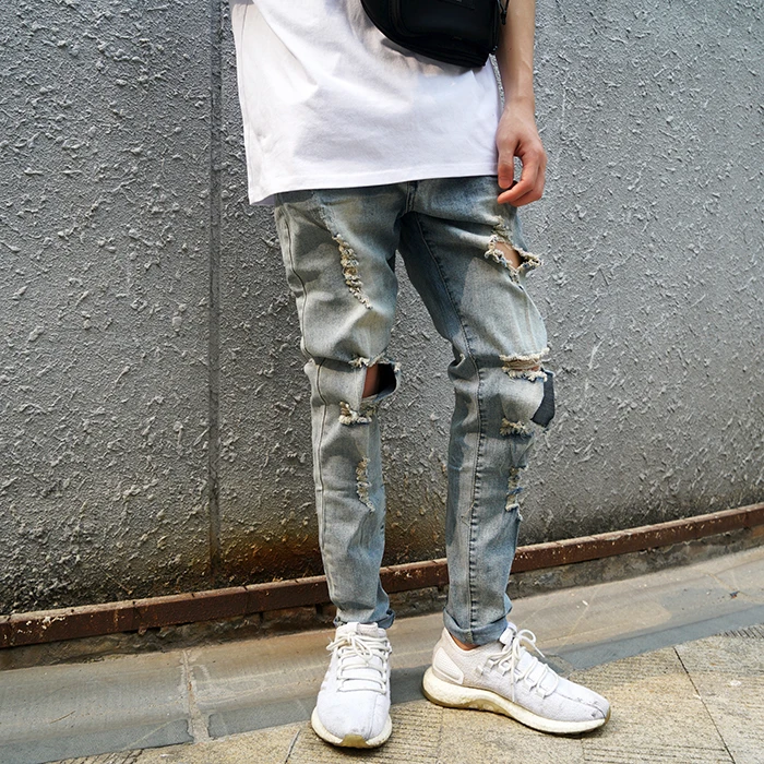 Мода Разработанный Slim Fit рваные байкерские джинсы Привет-улица Для мужчин s Distressed Denim Joggers отверстия на коленях мыть Уничтожено джинсы для мужчин брюки