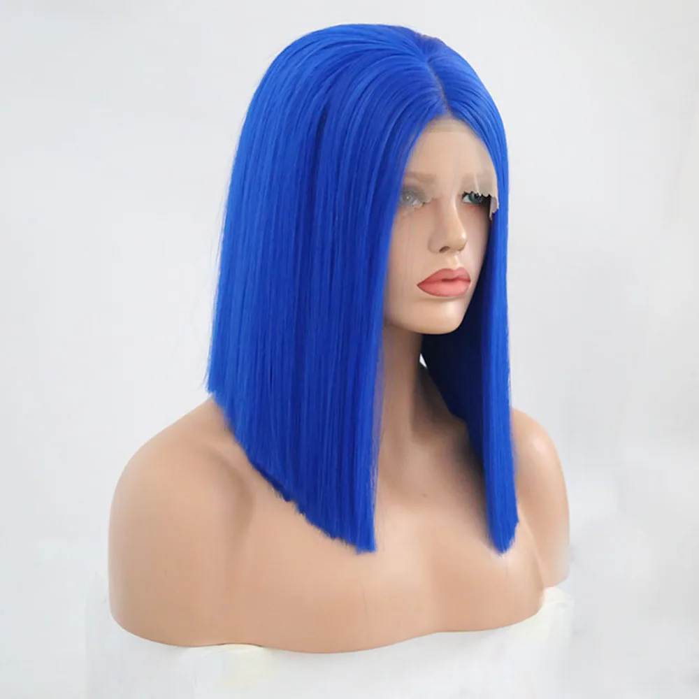 Харизма 12 дюймов прямой короткий Боб синий цвет волос Синтетические Кружева