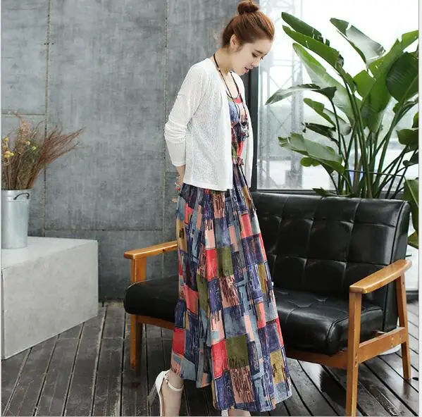 2019 summer new puls size women's dress literary cotton two-piece vest loose thin suit High waist tie printing M-4XL | Женская