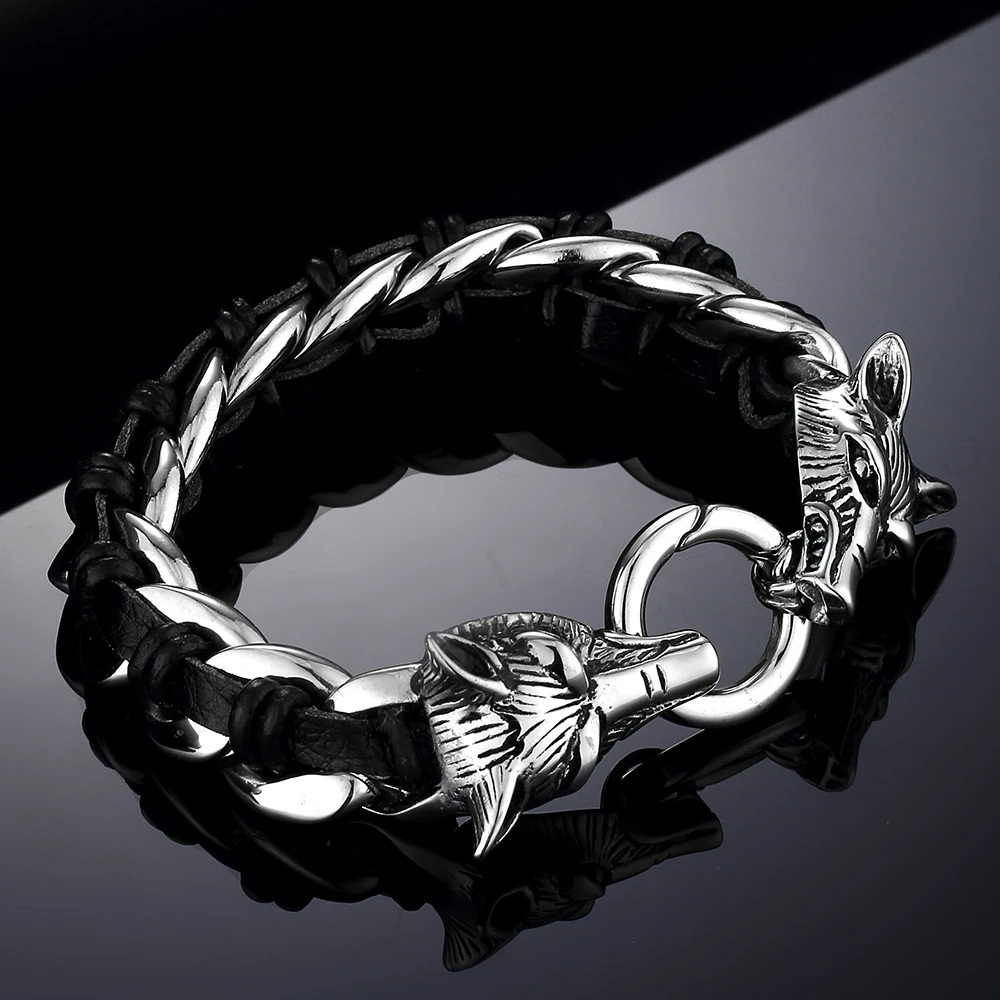 VPK 2019 new Wolf head leather woven titanium steel 316l bracelet Fashion Punk Rock hot sale Jewelry | Украшения и аксессуары