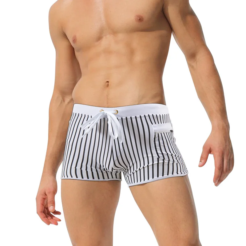 Мужские быстросохнущие плавки с карманами черно-синие пляжные шорты в полоску