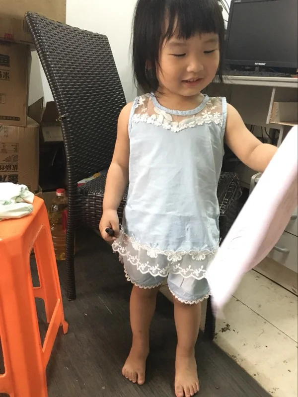 Summer 2-10T Years Old Kids Baby Girls Clothes Birthday Lace Flower Patchwork Vest T Shirt+Shorts Denim Blue 2 Piece Sets