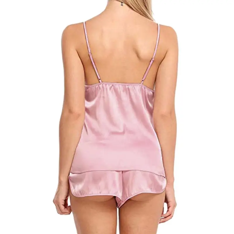 

Womens Ultra-Thin Imitation Silk Two Piece Pajamas Set Sexy See Through Deep V-Neck Camisole Sleepwear Side Split Shorts Babydol