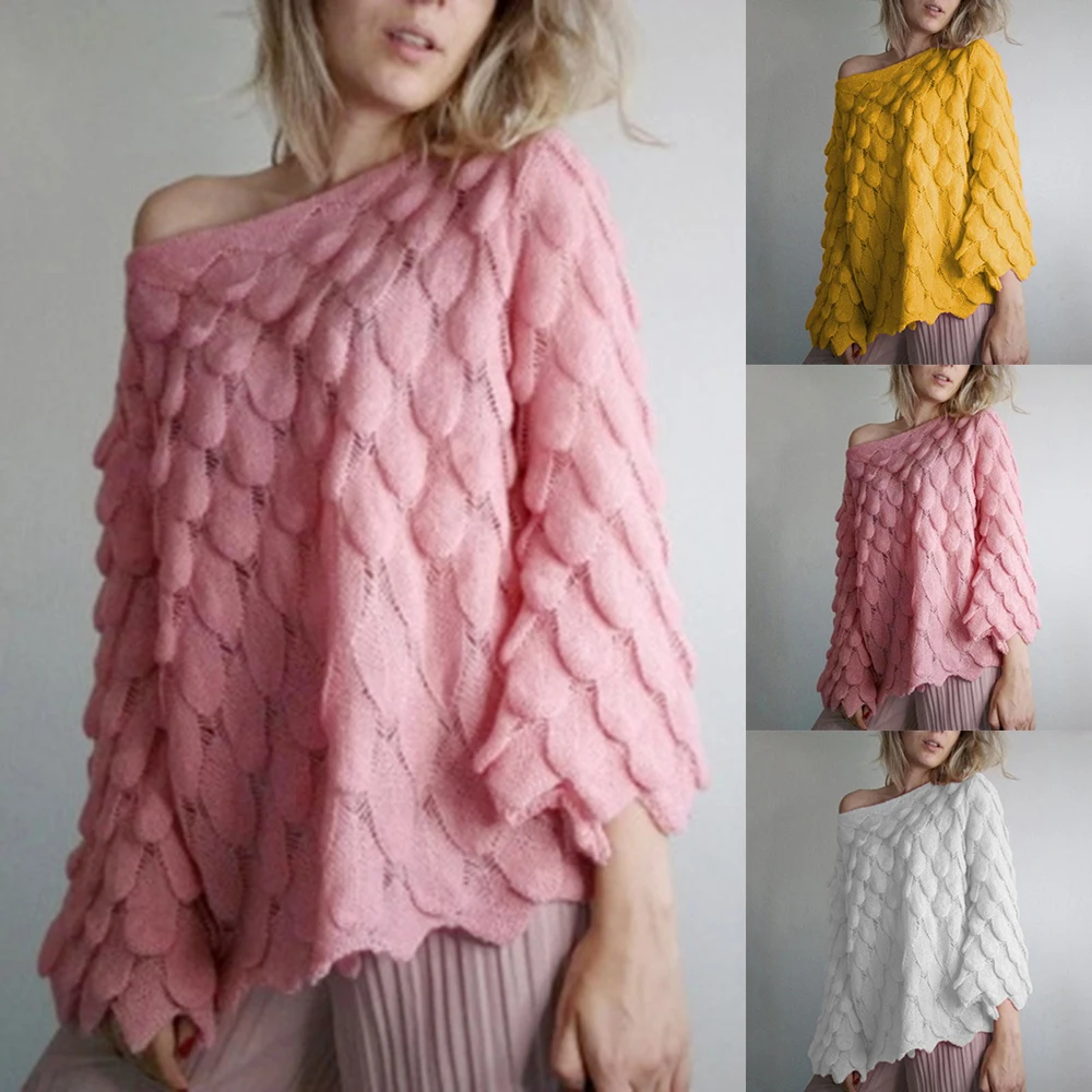Women's Fashion Sexy Slash Neck Off Shoulder Flare Sleeve Sweaters 2019 New Feather Shape Casual Loose Knit Pullovers | Женская