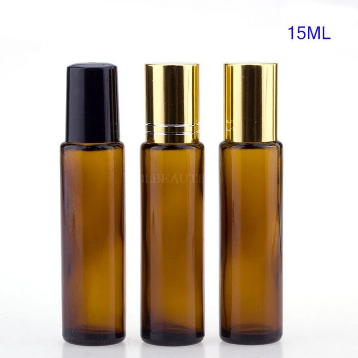 

15 мм Янтарное стекло рулон на бутылки эфирное масло бутылка ролик из нержавеющей стали мяч пустые ящички для парфюмерных изделий 144 шт/парти...
