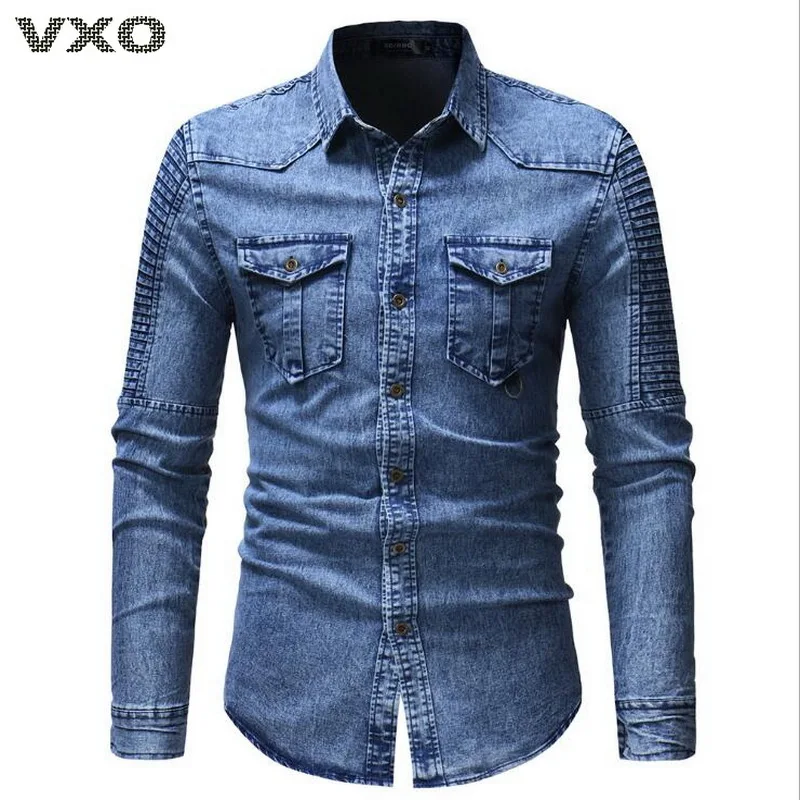 Джинсовая рубашка для мужчин повседневная приталенная с длинным рукавом