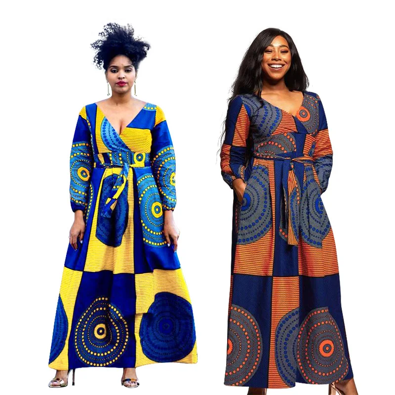 Сексуальное Свободное платье с v образным вырезом и длинными рукавами принтом