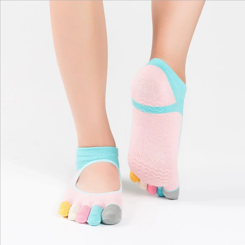 Colorful Calze Yoga Socks Women Athletic Wear Cotton Five Toe Non slip Fitness Pilates Rubber Dance Sox 3 pairs/lot | Спорт и