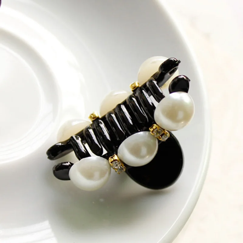 Женские Элегантные Заколки для волос с черным кристаллом и жемчугом пластиковые