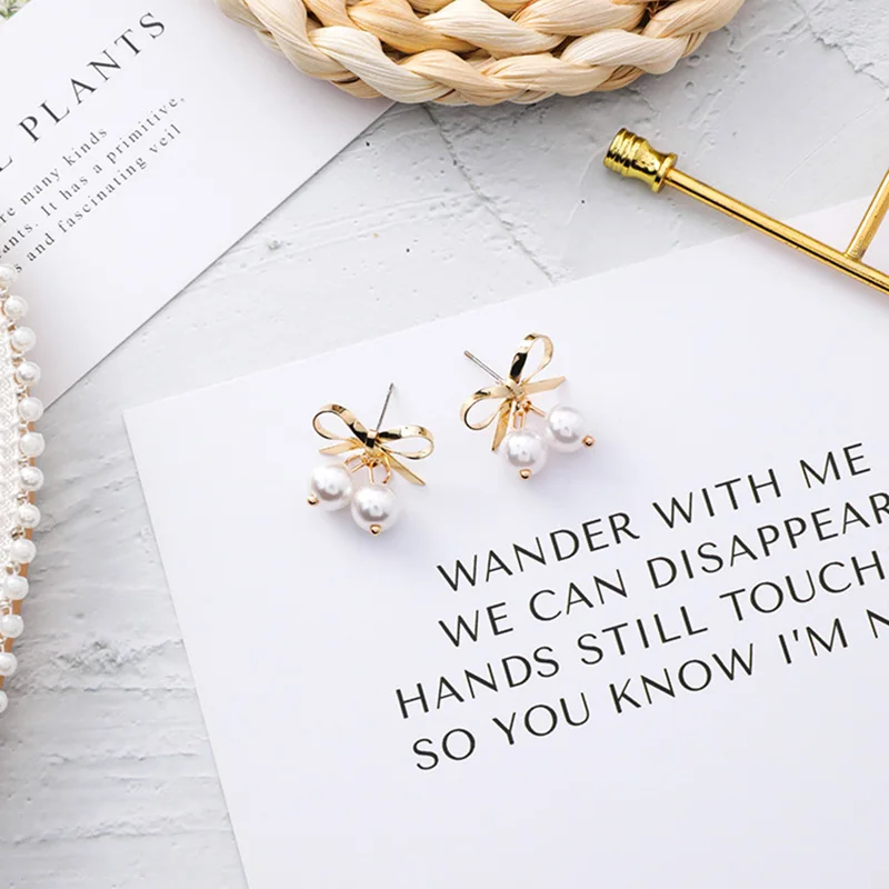 2019 новые милые романтические маленькие золотые серьги капли с бантом и жемчугом