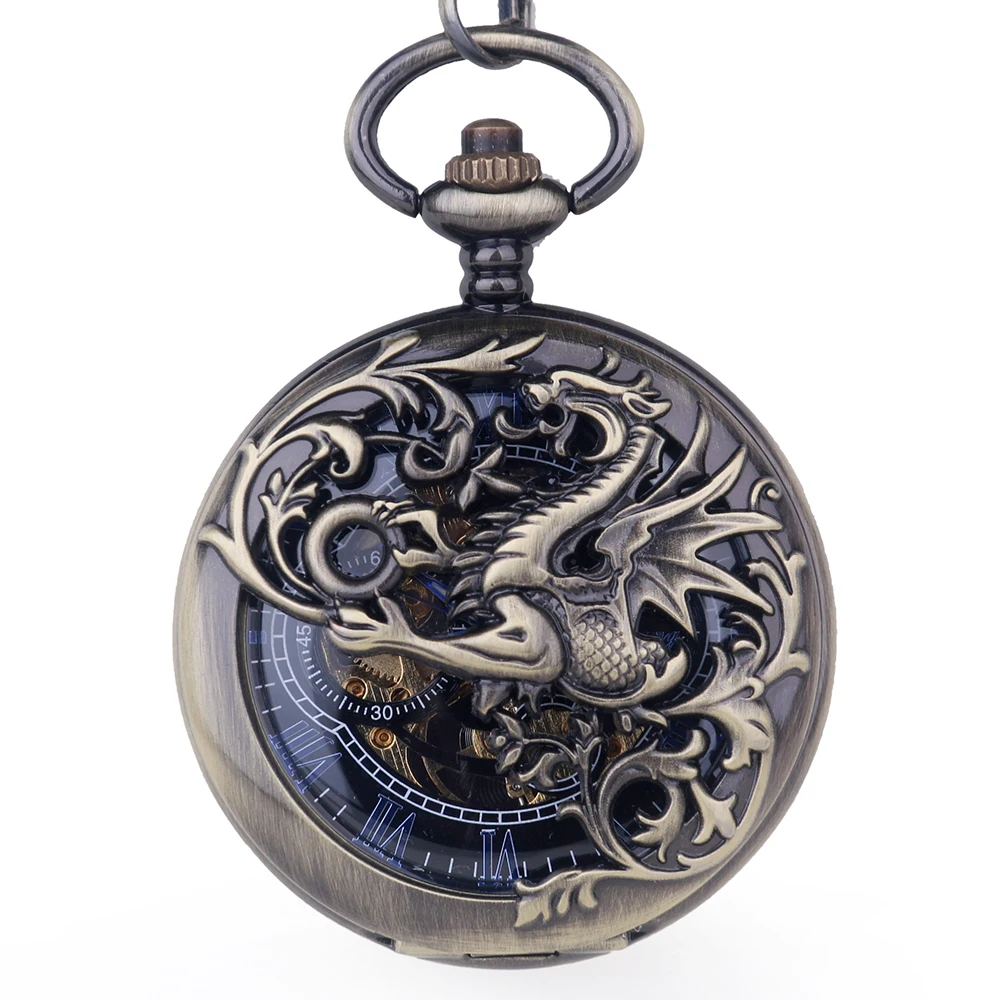 Vintage Mechanical Pocket Watch Retro Dragon Hollow Skeleton Roman Numerals Black/Bronze Fob Watch with Chain for Men Women