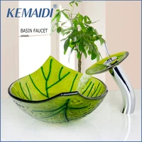 kemaidi hand painted green leaf shape bathroom wash basin sink with mixer pop up drain sink set bathroom vessel faucetstap