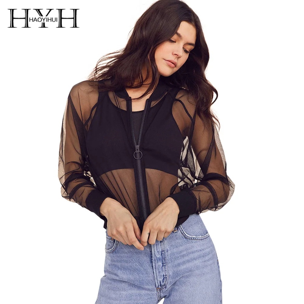 HYH haoyihui пикантные прозрачные mesh sheer Куртки Лето 2017 г. тонкий длинный рукав краткое