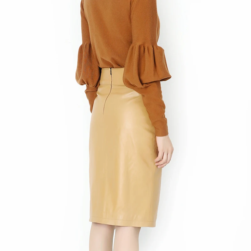 RYS8340 Fashion Style 2020 Winter Genuine Leather Skirt Women Buttocks 60 cm Long Saias Female Beige/Black Buckles Faldas