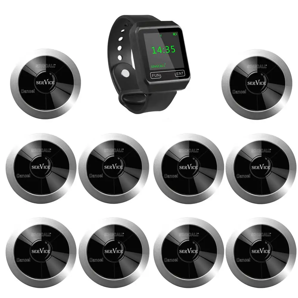 SINGCALL Paging System Wireless Queue Calling System to Call Waitress, Restaurant Caller,10 Two-Keys Buttons and APE6800 Watch
