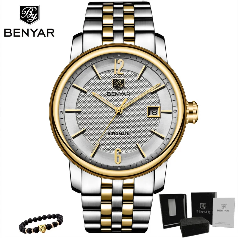 Steel-Gold white BENYAR Топ бренд класса люкс для мужчин s часы бизнес полный сталь Мода повседневное водонепроницаемый автоматические часы мужские часы Relogio Masculino - Цвет: Steel-Gold white