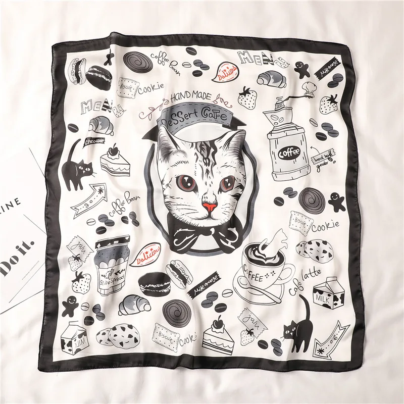Luxury Brand New Fashion Summer Silk Square Scarf Women Cat Print Satin Neck Hair Tie Band Beach Hijab Head Female Foulard
