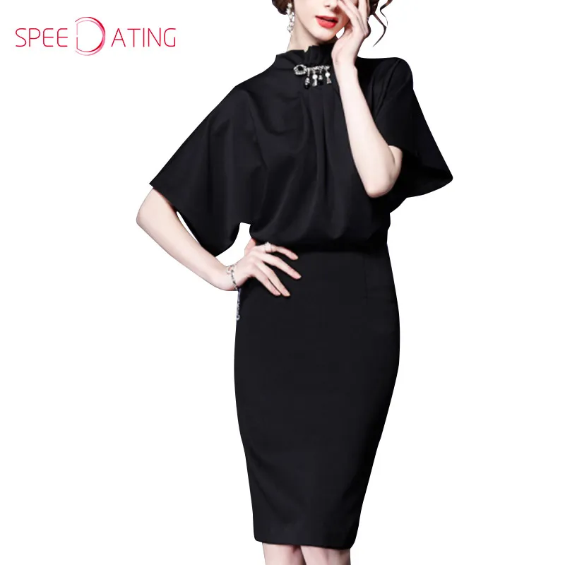 Vintage Fashion Band Collar Batwing Sleeve Brooch Midi Bodycon Dress Short High Neck Women Party Dresses 2017 SPEEDATING | Женская