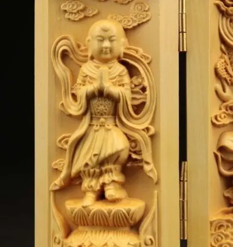 Редкая китайская ручная работа резной Boxwood длинная KWAN YIN шкатулка с амулетом
