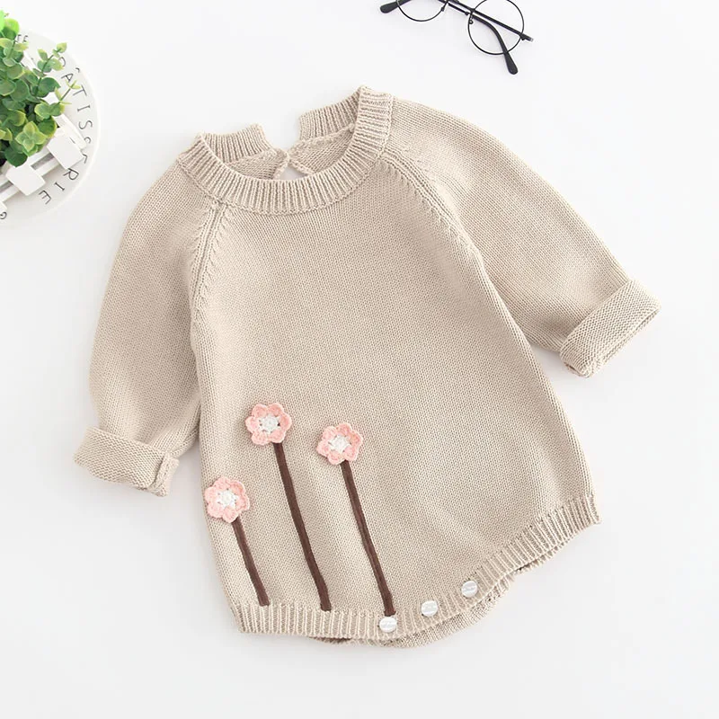 

2019 New Baby infant girl 3D Flowers Knitted Romper,Girls Toddle Spring Autumn Winter body clothes Jumpsuits Newborns Wear
