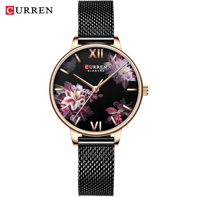 S-rose gold black Curren часы женские люксовый бренд очаровательные цветы женские наручные часы из нержавеющей стали золотые часы для женщин Montre Femme - Цвет: S-rose gold black