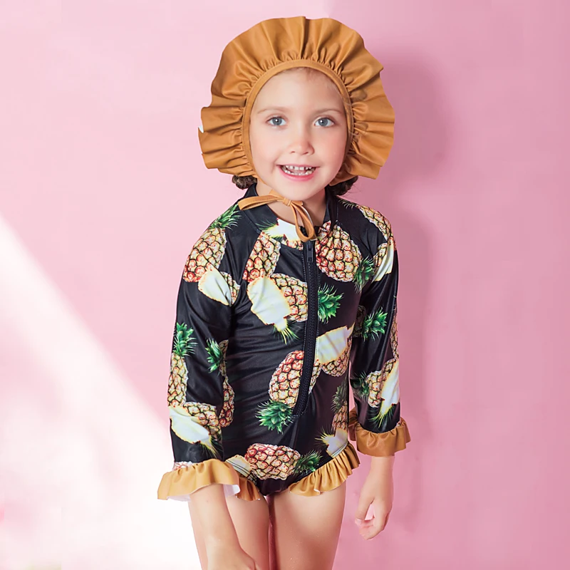 Pineapple Print Lovely Toddle Girls Swimwear Children Swimsuit One Piece Long Sleeves Sunscreen Bikini With Swim Cap | Спорт и