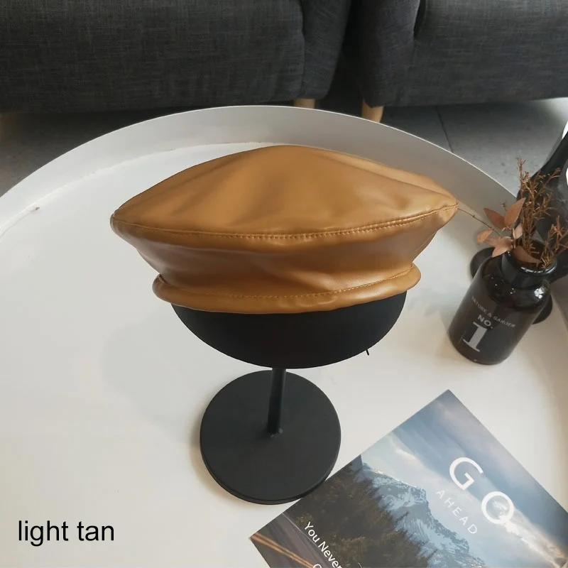 light tan Модный повседневный женский берет, 1 шт., шапка из искусственной кожи для женщин, Ретро стиль, Осень-зима, аксессуары для девушек, шапки, берет, кепка, элегантная, винтажная - Цвет: light tan