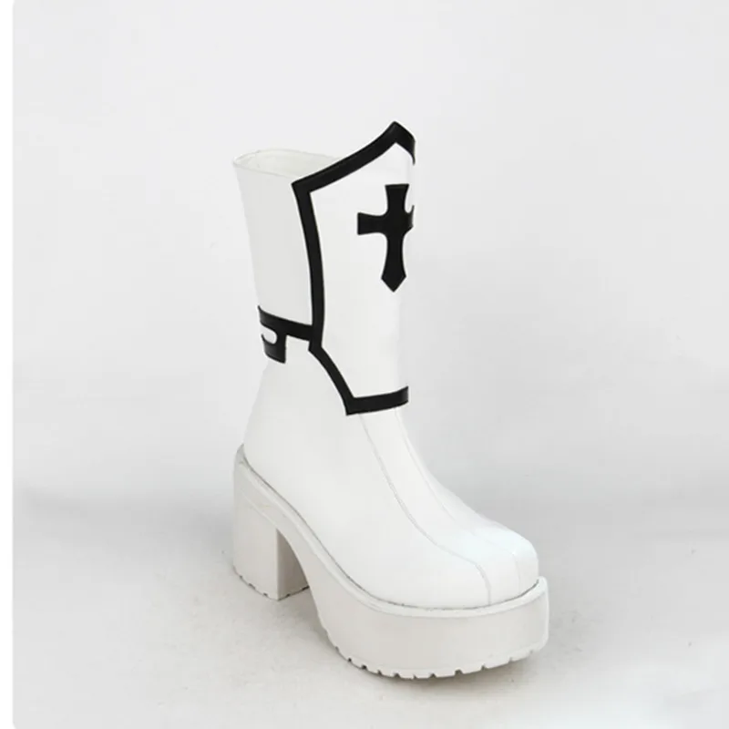 8 см устойчивый каблук Черный и белый крест Готическая обувь в стиле панк Сапоги